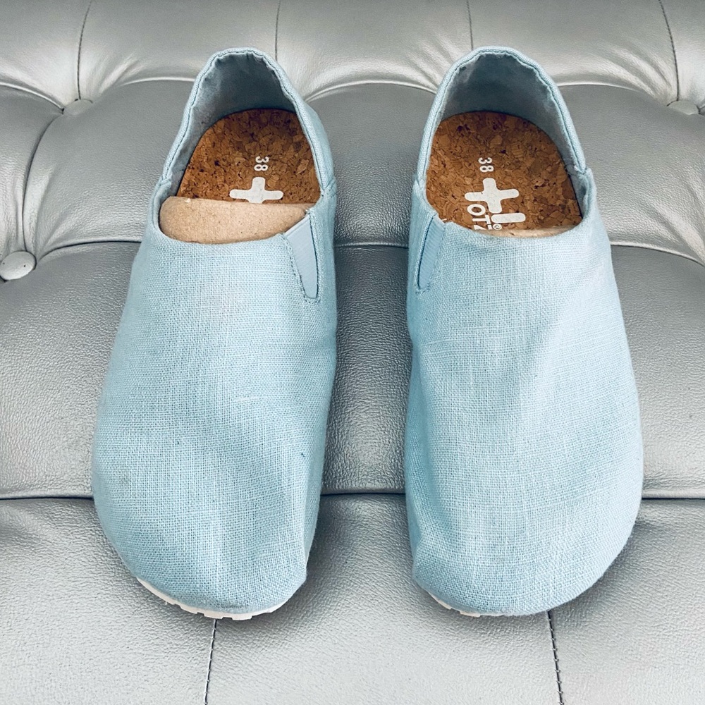 Brand new, with tags. Otz Shoes cork insole light blue fabric espadrilles